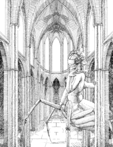A creature with a humanoid-insect hybrid head and a human torso emerging from the front of a large beetle body walks through one of the archways into the center of a gothic cathedral style building. The style uses crosshatching for all of the shading.