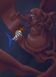 Two mermaids: a deep sea mermaid many times larger and deep red, with the lower half of a jellyfish and a face full of protruding teeth; the other, smaller, with a bright yellow-and-blue striped tail, reaches out with both hands to hold one hand of the larger mermaid.